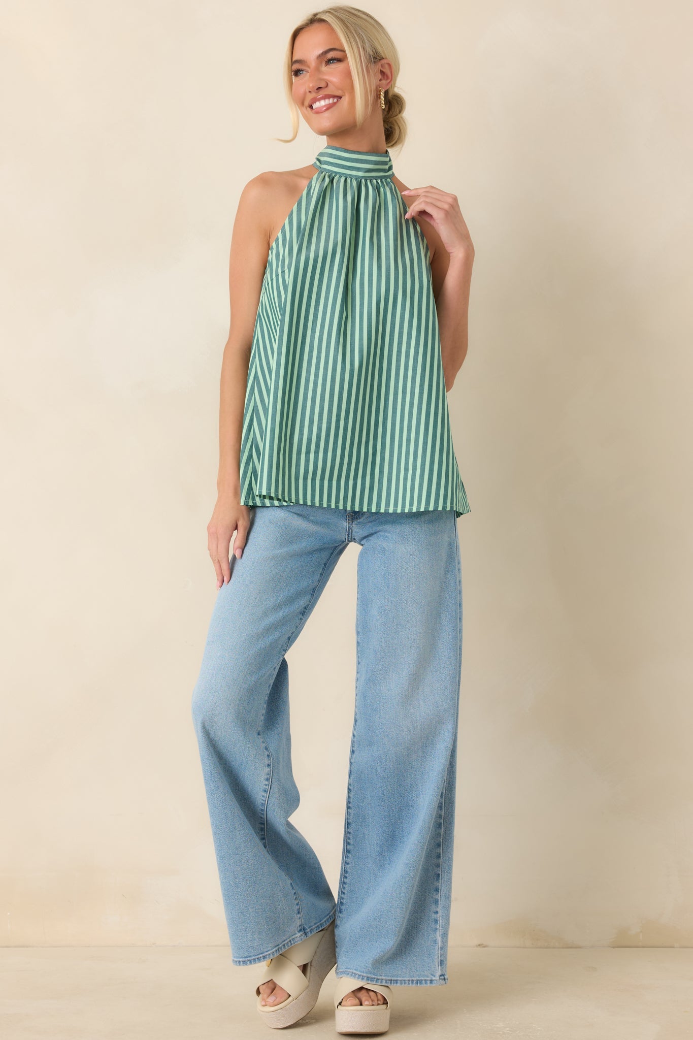 FRNCH Crescenzo Green Stripe Cotton Tie-Neck Halter Top