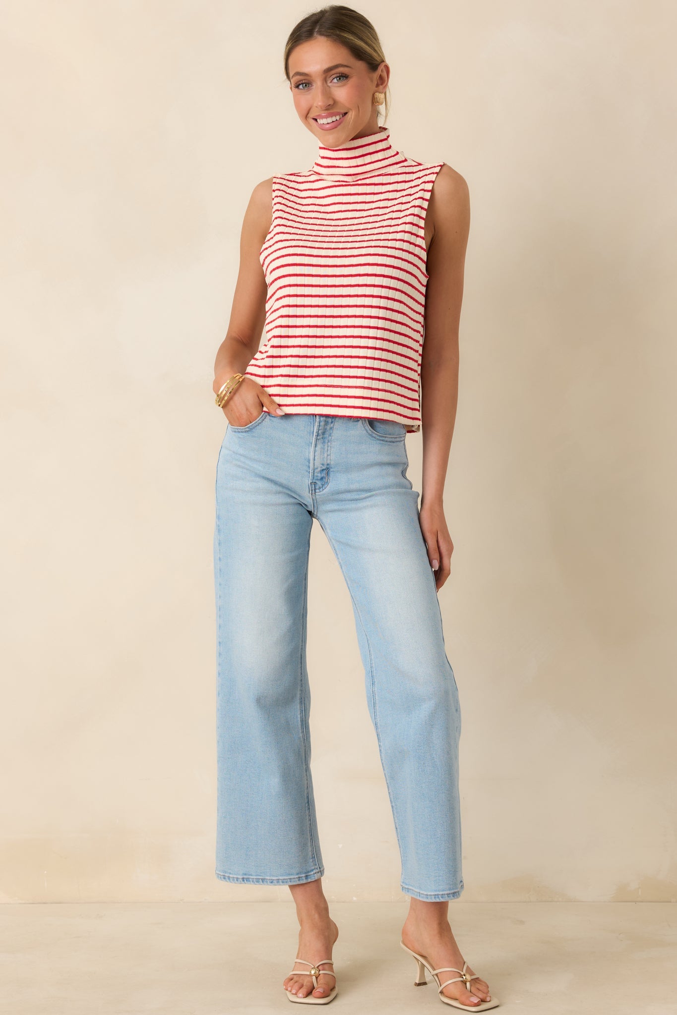 Keep It In Line Red Stripe Mockneck Sleeveless Top