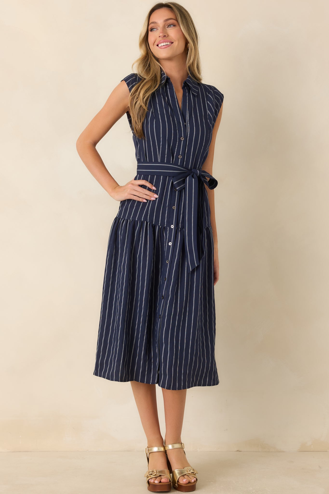 Always On Course Navy Striped Button Front Midi Dress
