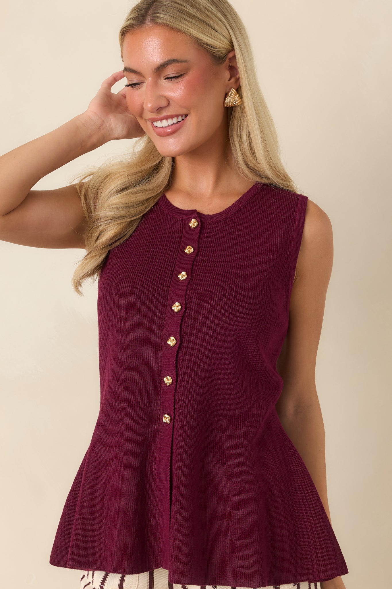 Everything in Place Wine Red Knit Peplum Top