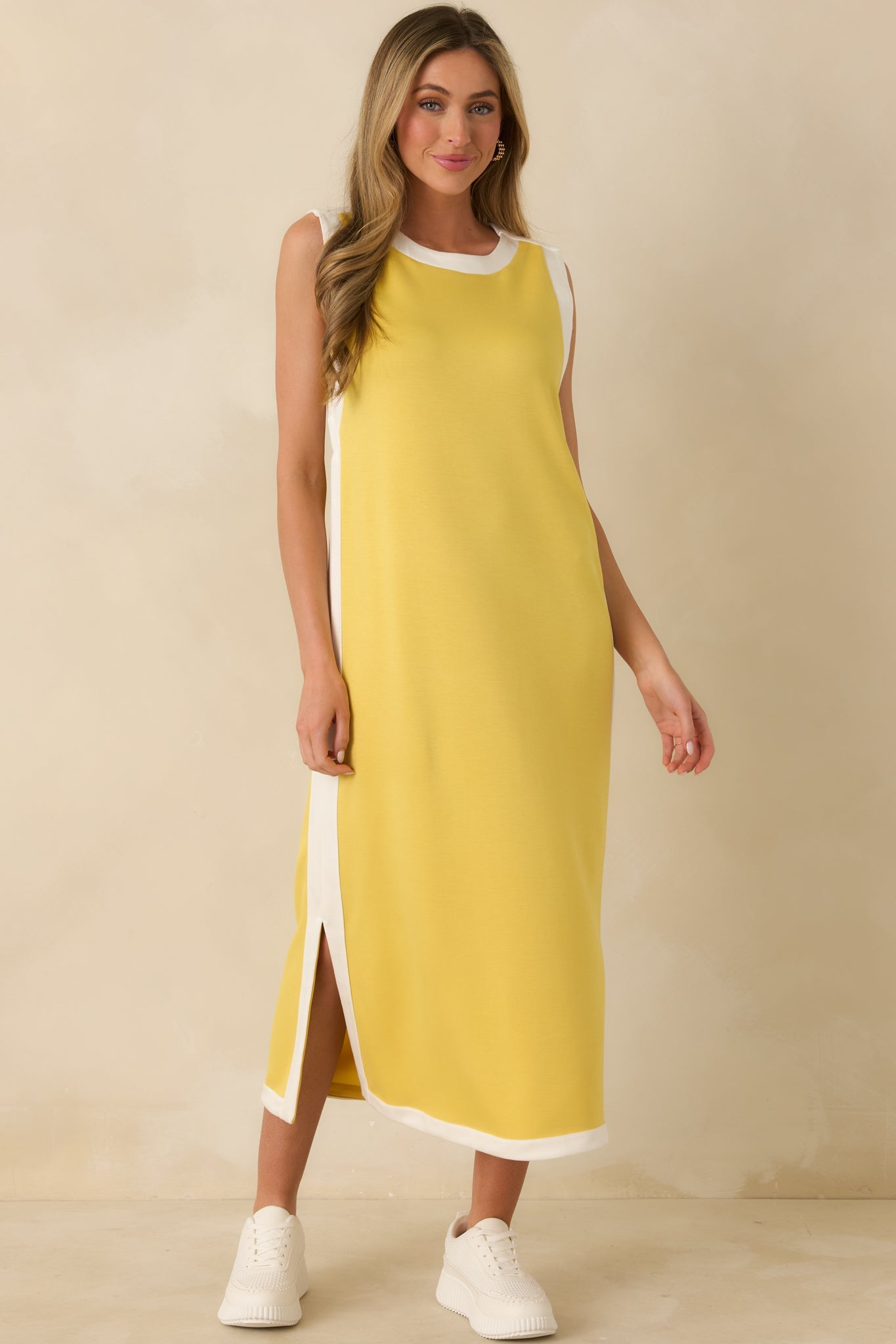 Perfectly Framed Yellow Jersey Knit Contrast Trim Sleeveless Maxi Dress