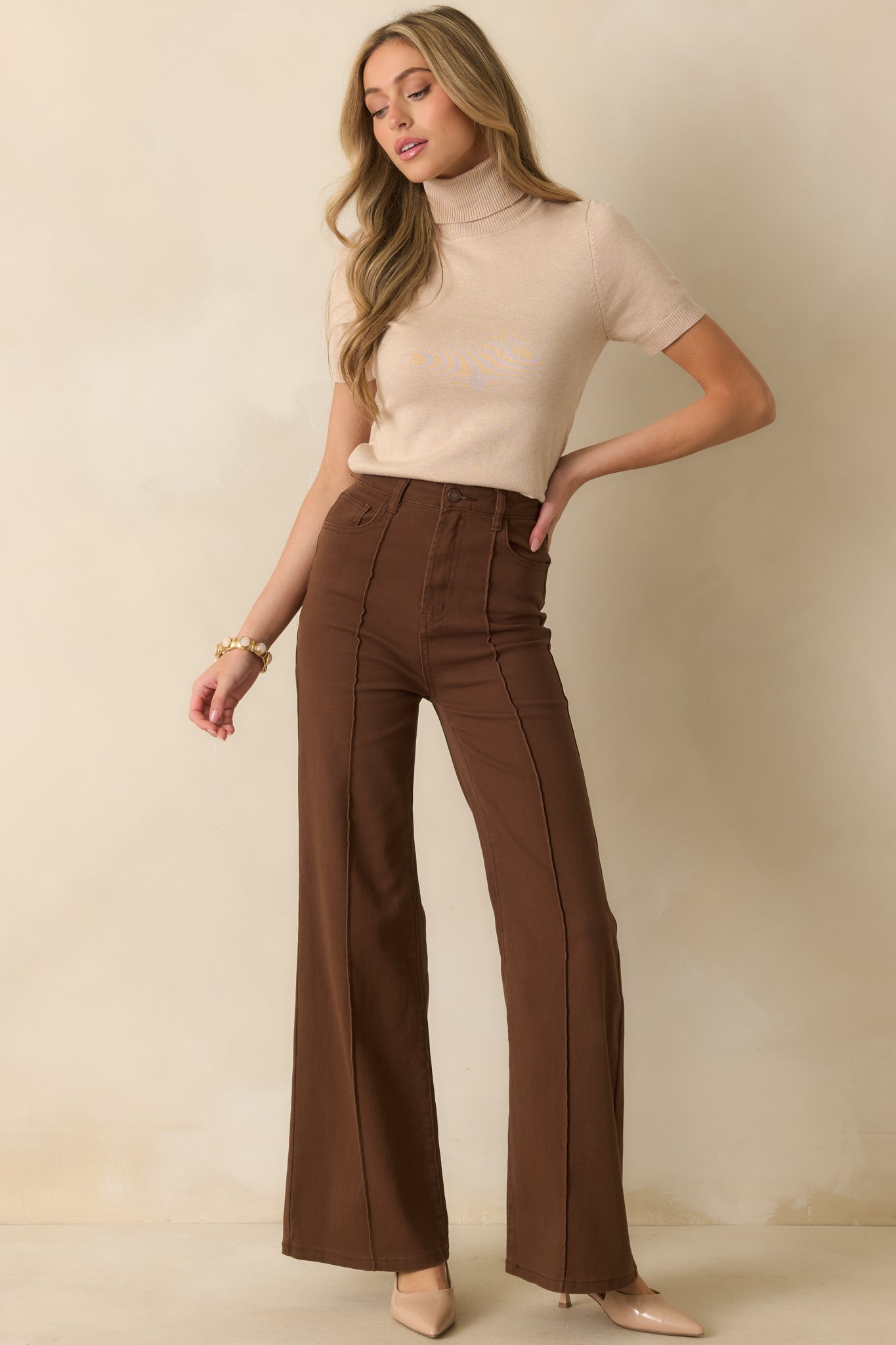 In Just A Minute Beige Ribbed Turtleneck Short Sleeve Sweater