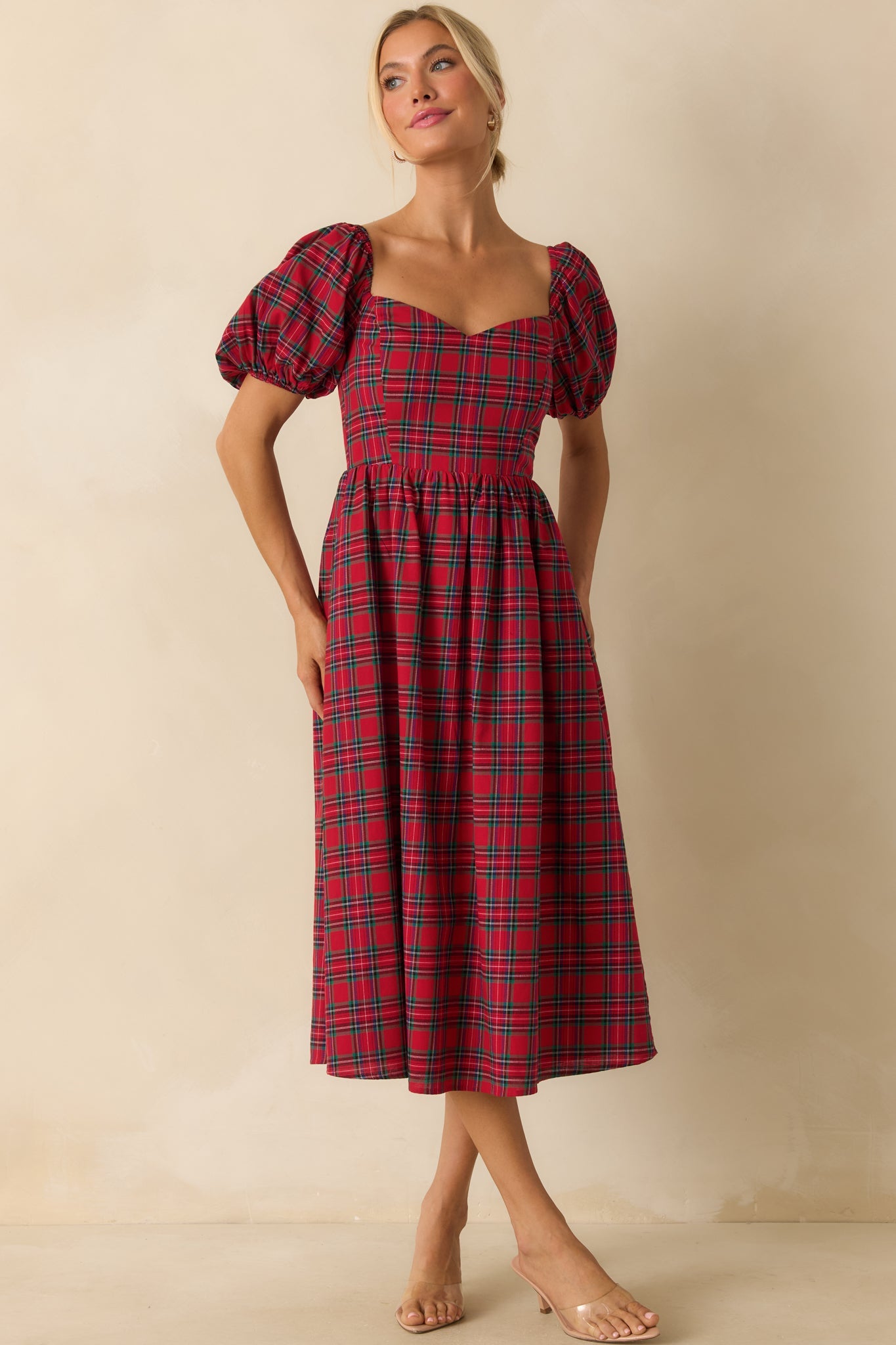 Always You Cotton Red Plaid Puff Sleeve Midi Dress