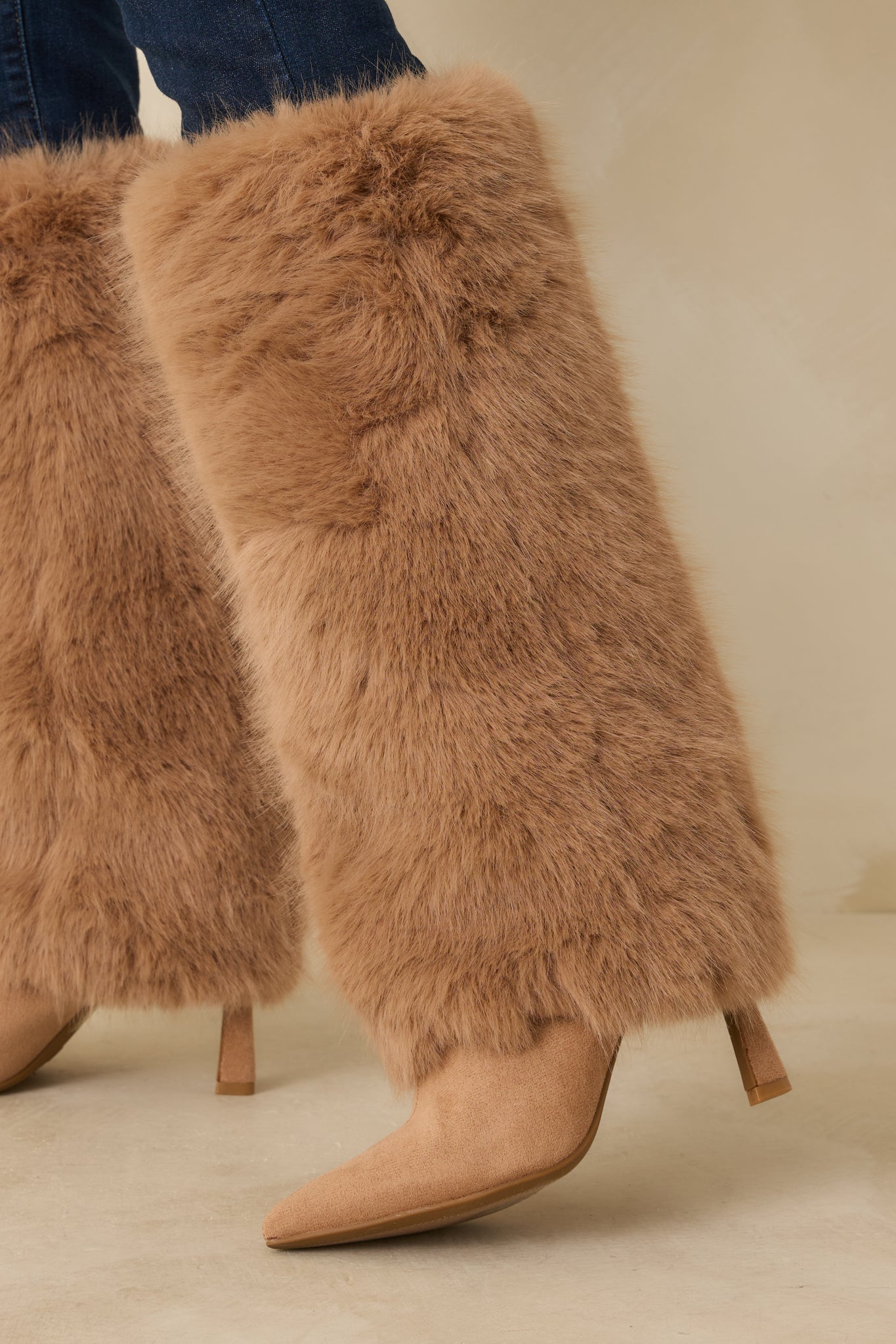 Fine Point Tan Faux Fur and Suede Pointed Toe Stiletto Boots