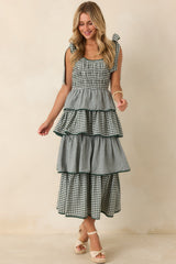 Garden Party Plans Hunter Green Gingham Tiered Midi Dress