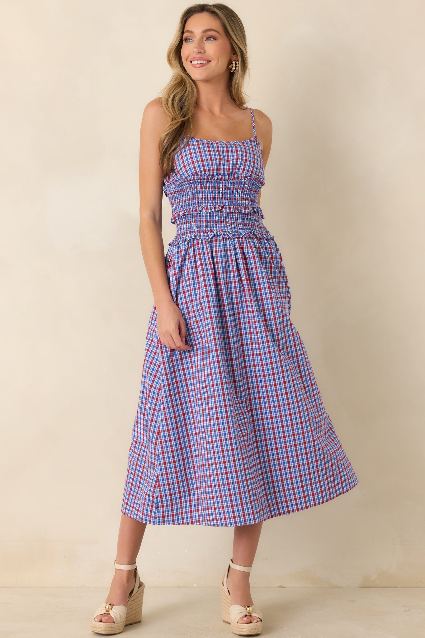 Summer Story Red & Blue Plaid Cotton Midi Dress