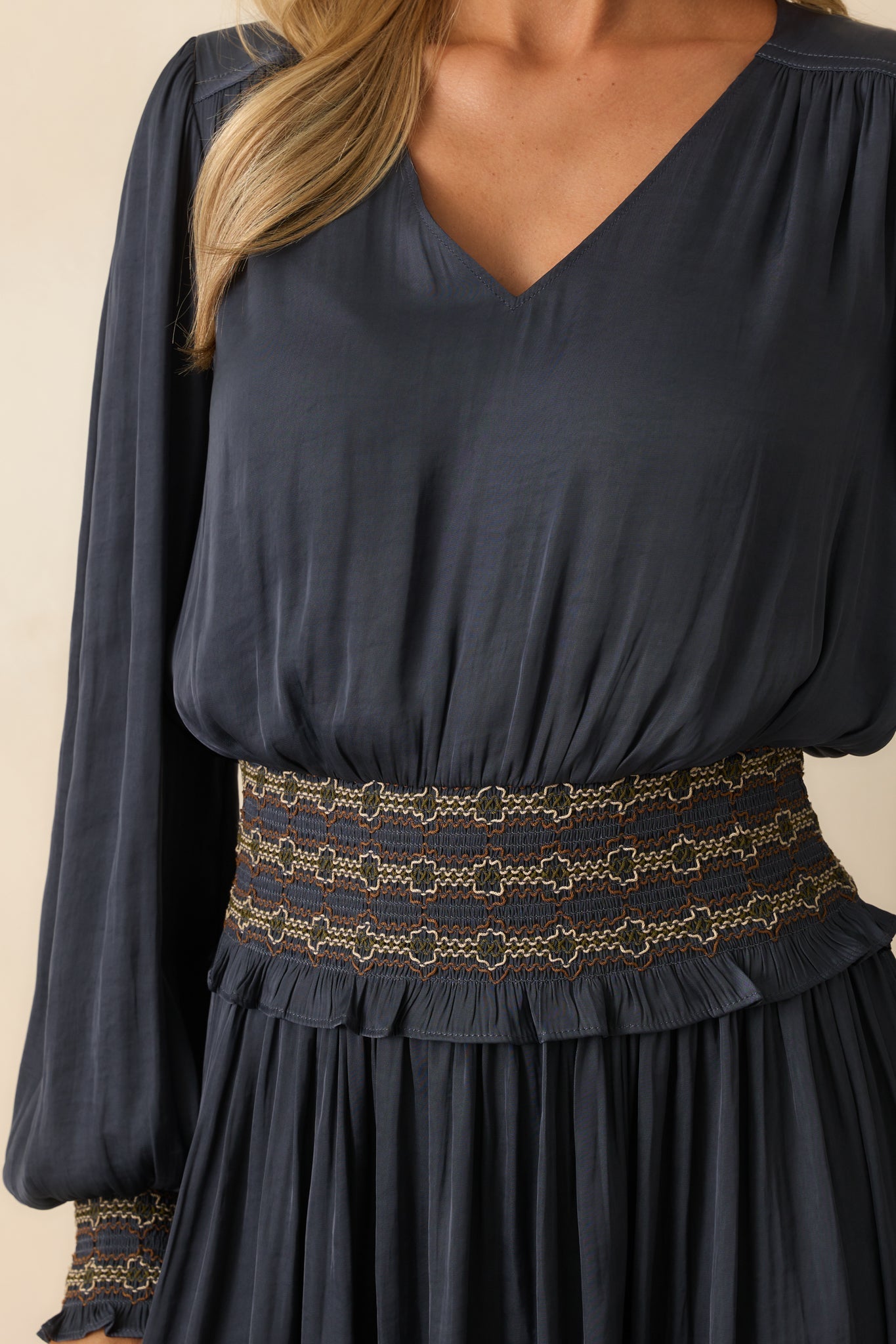 On Better Terms Navy Satin Long Sleeve Smocked Waist Mini Dress