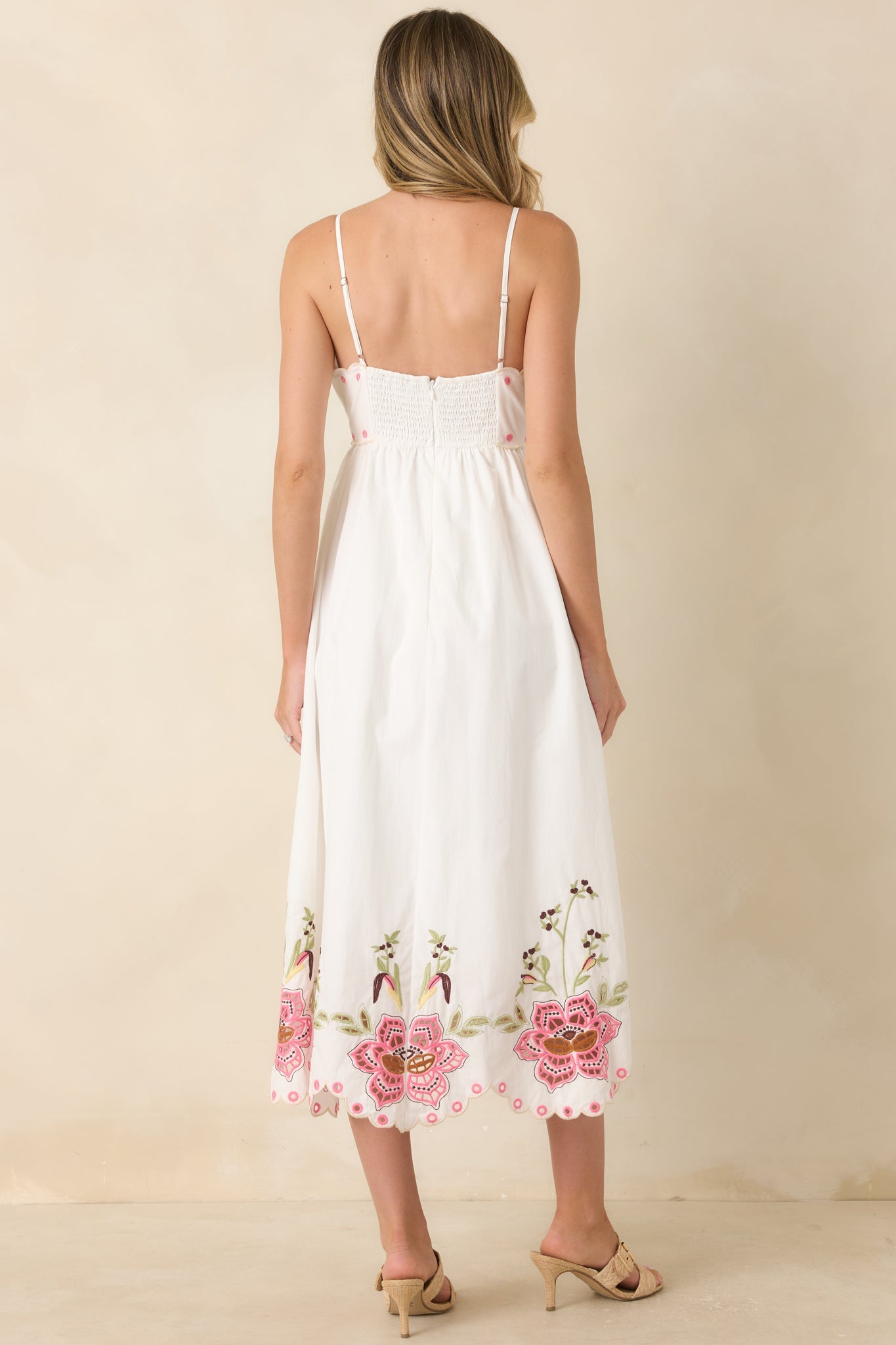 Pink Paradise White Multi Floral Embroidered Cotton Midi Dress