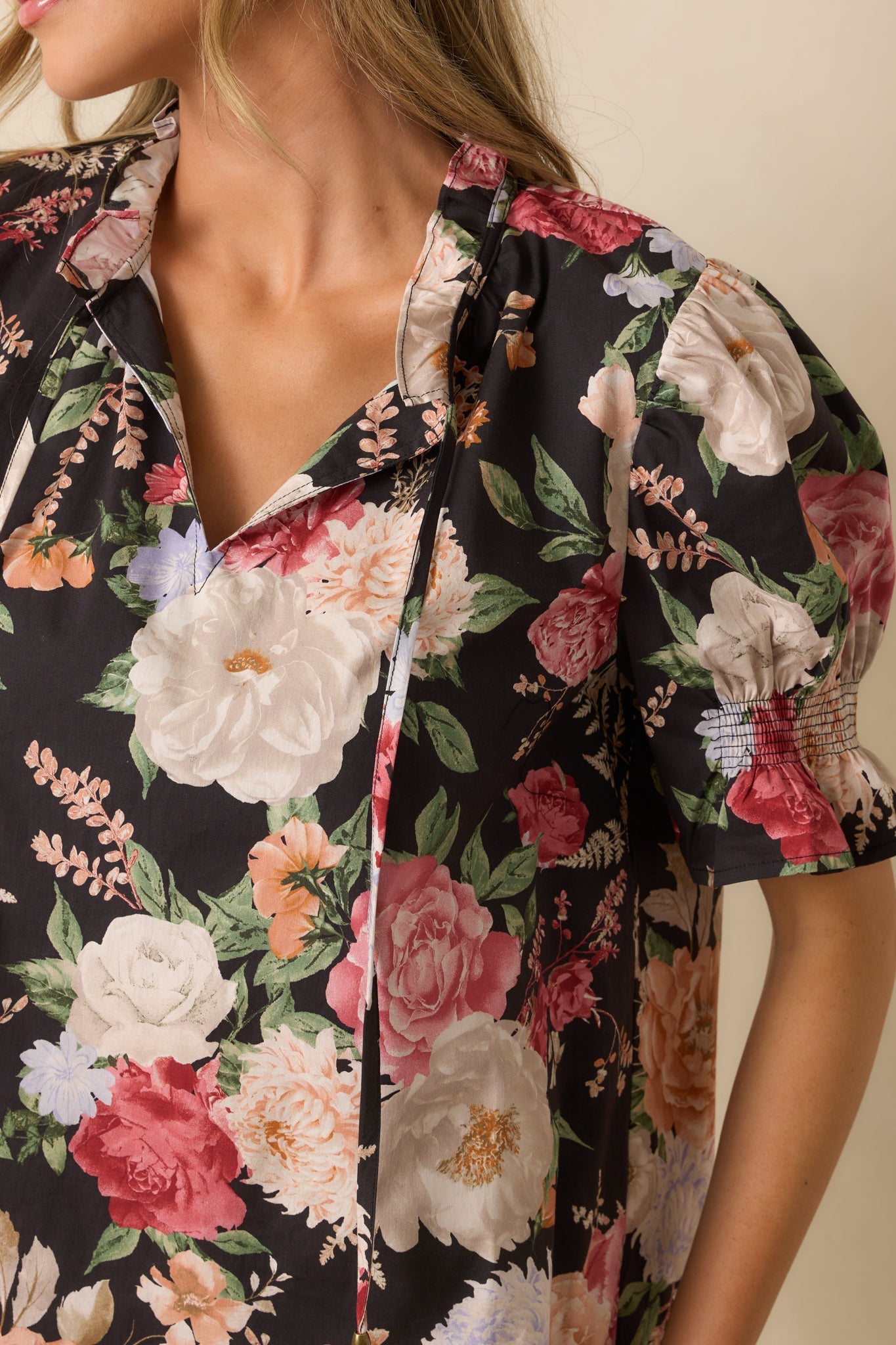 No Matter The Day Black Multi Floral Print Cotton Puff Sleeve Top