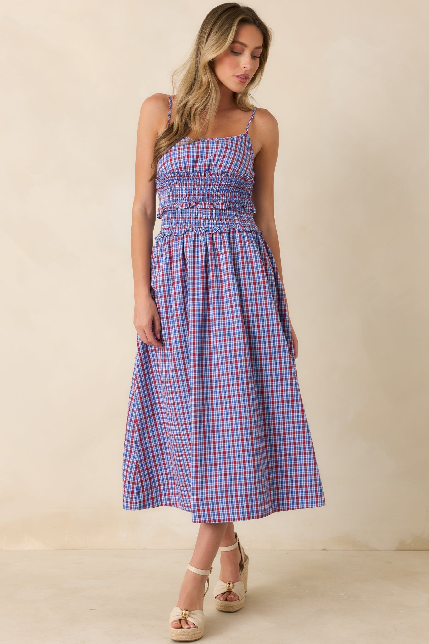 Summer Story Red & Blue Plaid Cotton Midi Dress