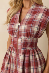 The Evette Red Tartan Plaid Cotton Zip Front Midi Dress