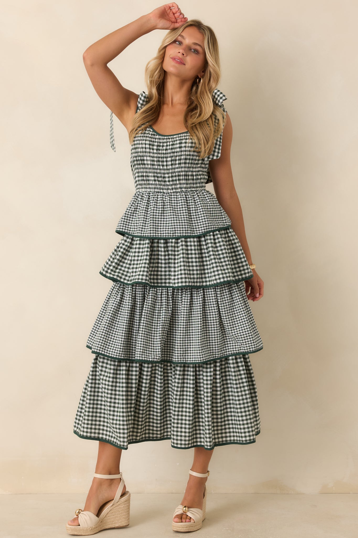 Garden Party Plans Hunter Green Gingham Tiered Midi Dress