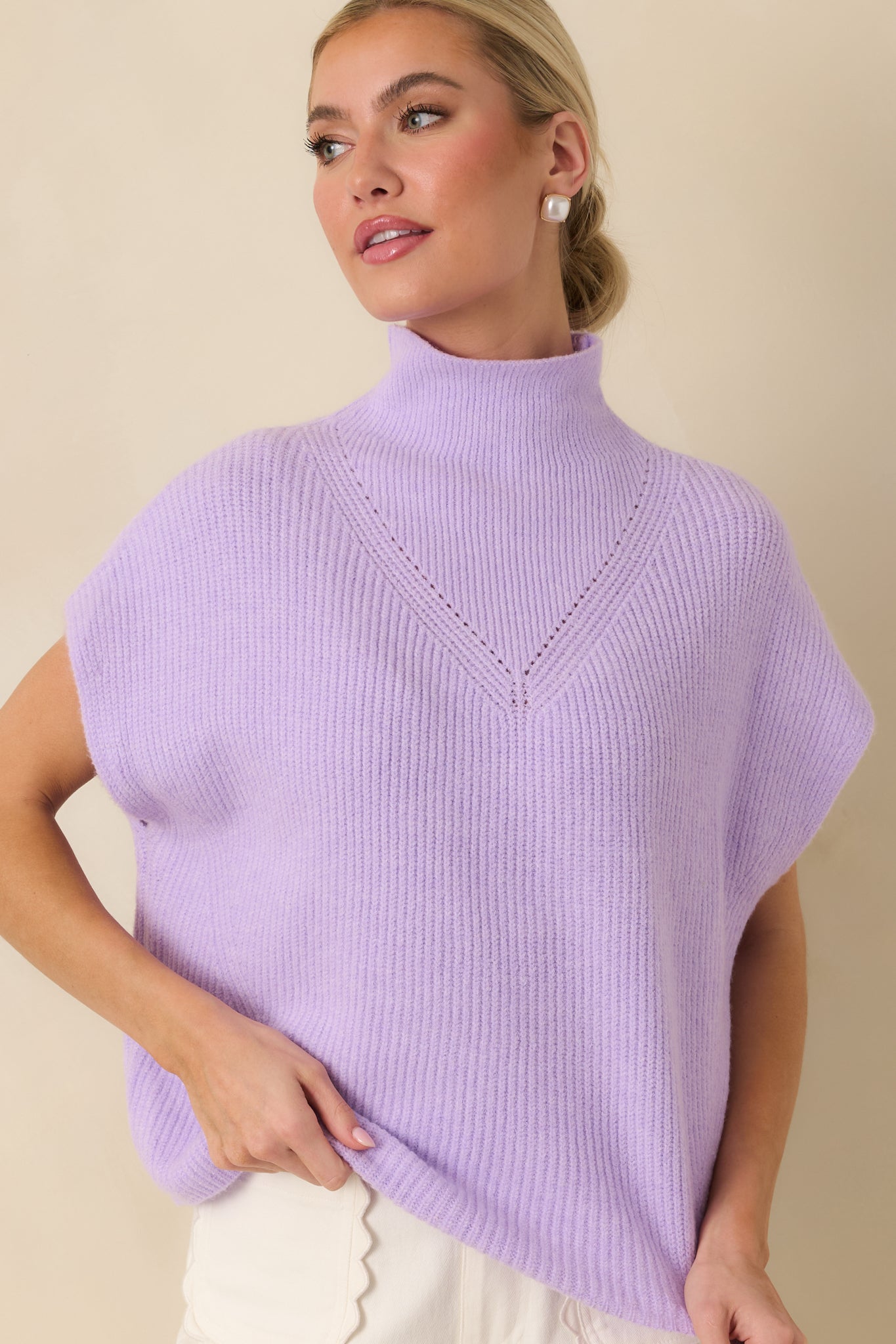Cool Intentions Lavender Ribbed Knit Mockneck Cap Sleeve Sweater