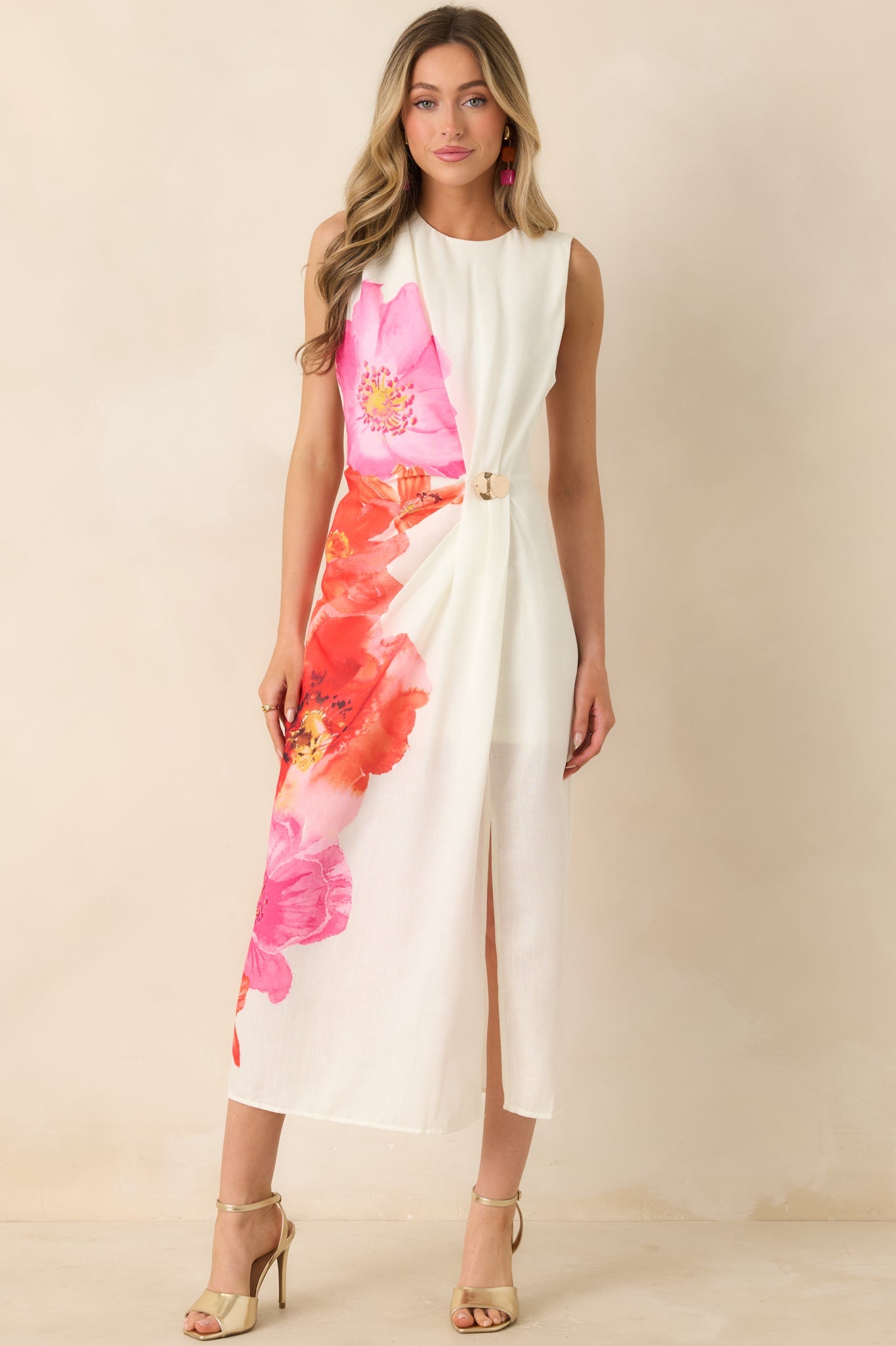 Do a Double Take Ivory Multi Floral Print Midi Dress