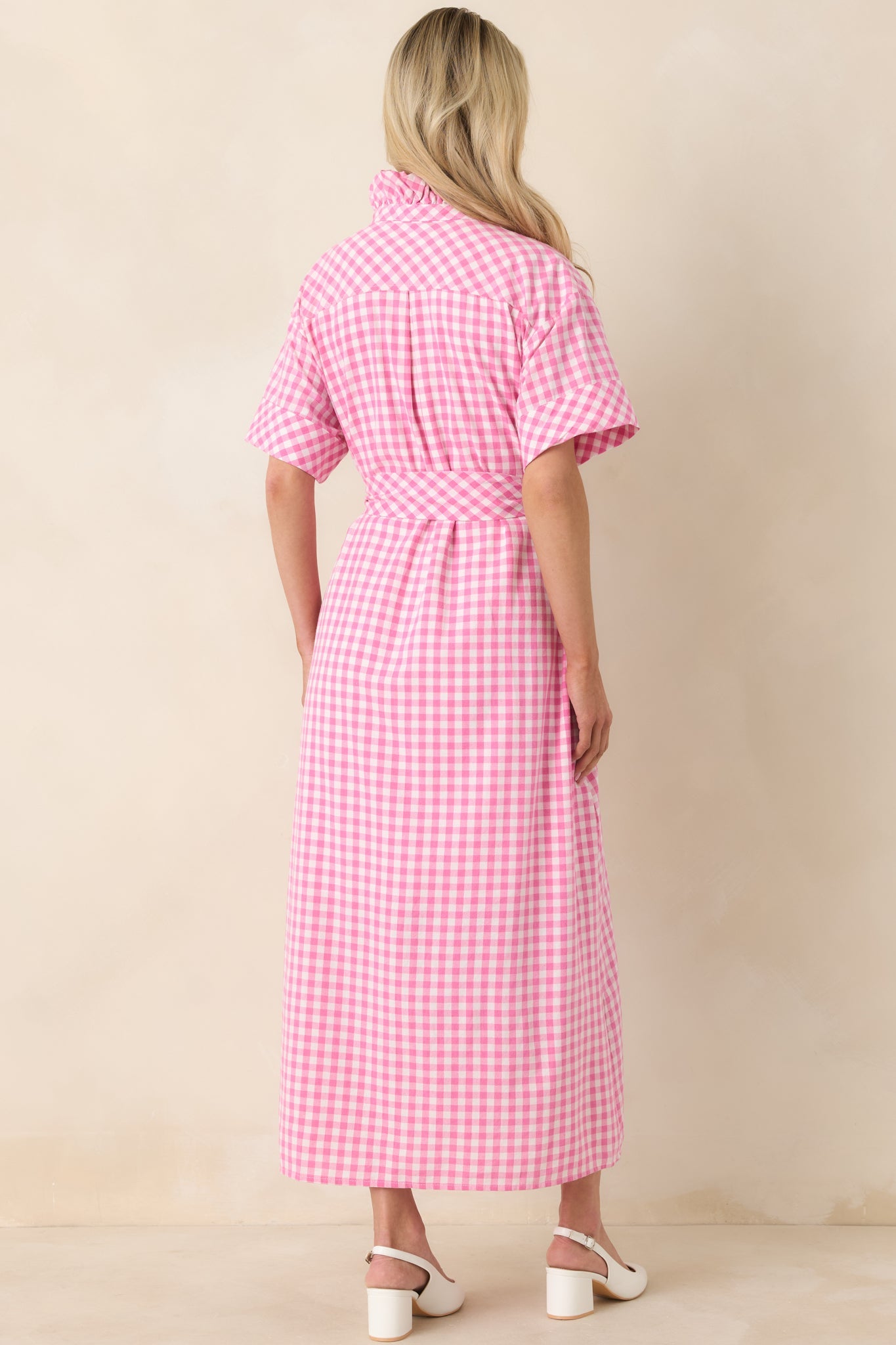Check Me Out Pink Gingham Ruffle Collar Belted Maxi Dress
