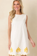 Golden Coastlines White & Yellow Embroidered Scalloped Cotton Mini Dress