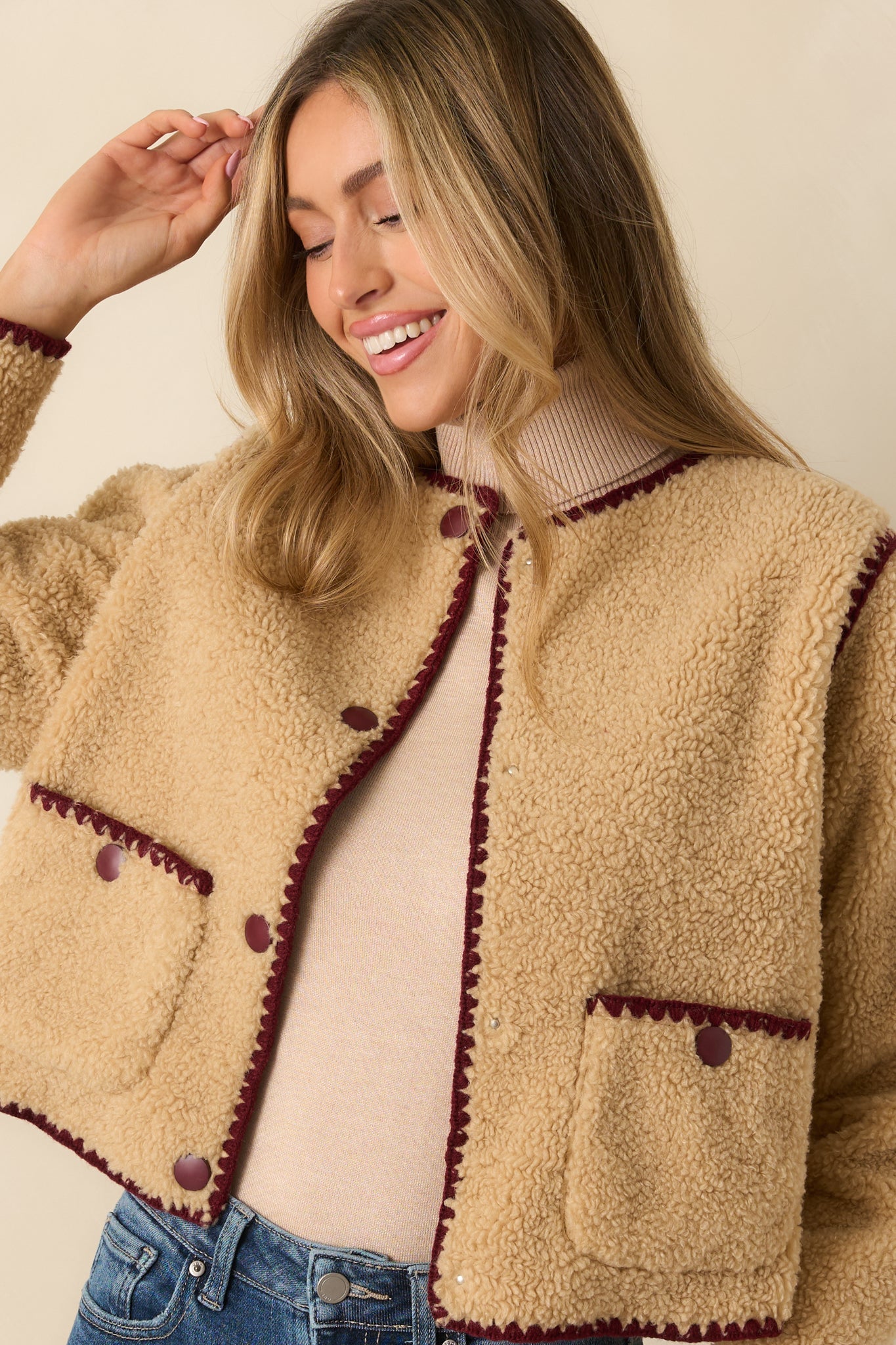 Bound to Be Cozy Beige & Burgundy Contrast Stitch Sherpa Jacket