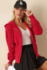 Call It What It Is Red Ribbed Knit Long Sleeve Zip Up Hoodie