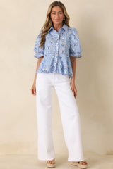 Artful Moment Blue Toile Print Cotton Puff Sleeve Blouse