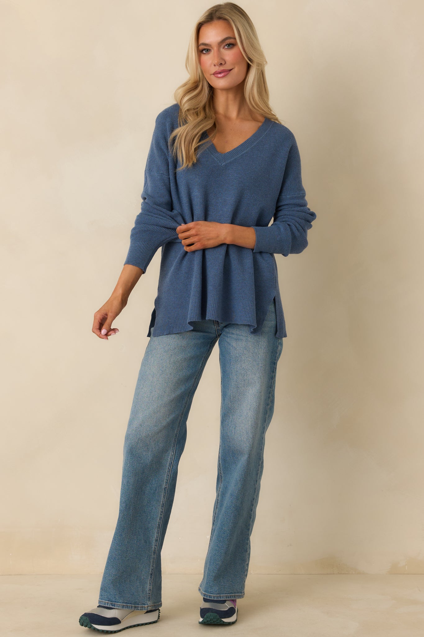 Cozy Afternoon Heather Blue V-Neck Sweater