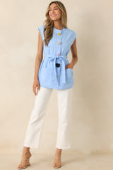 Details Make It Light Blue Statement Button-Front Belted Tunic Top