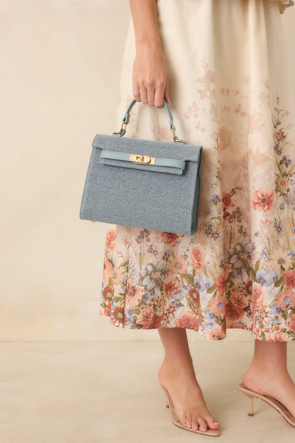 In Full Bloom Blue Woven Twist Lock Detail Handbag