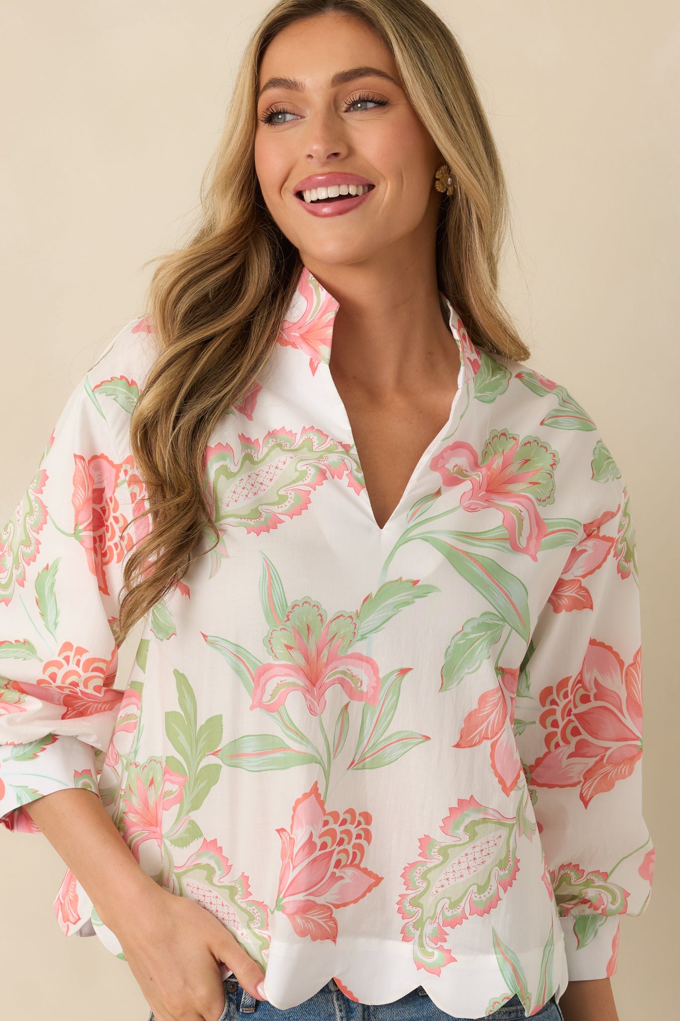 Petals in the Breeze Peach Multi Cotton Floral V-Neck Top
