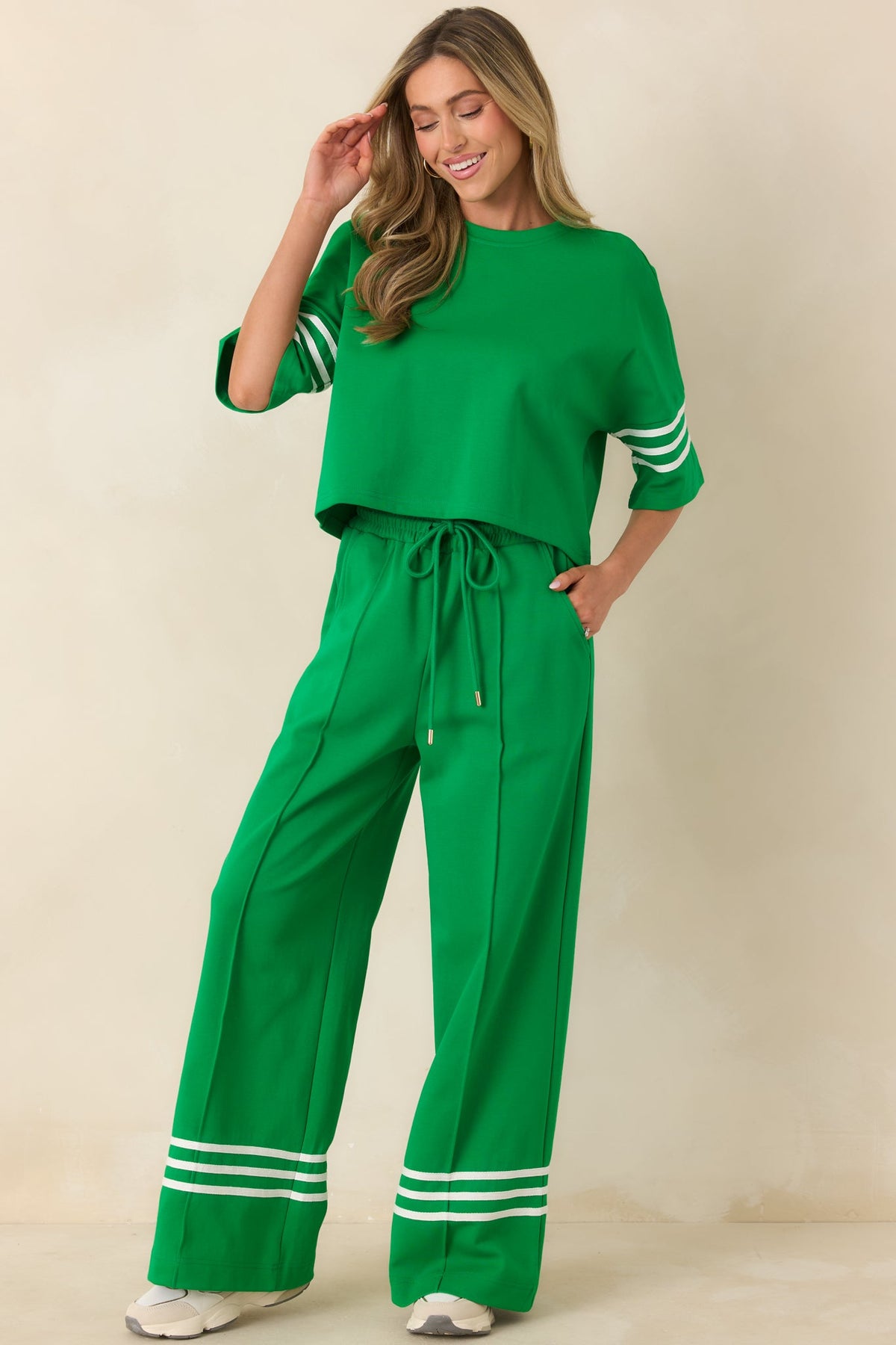 Line & Leisure Green Cotton Blend Contrast Stripe Top