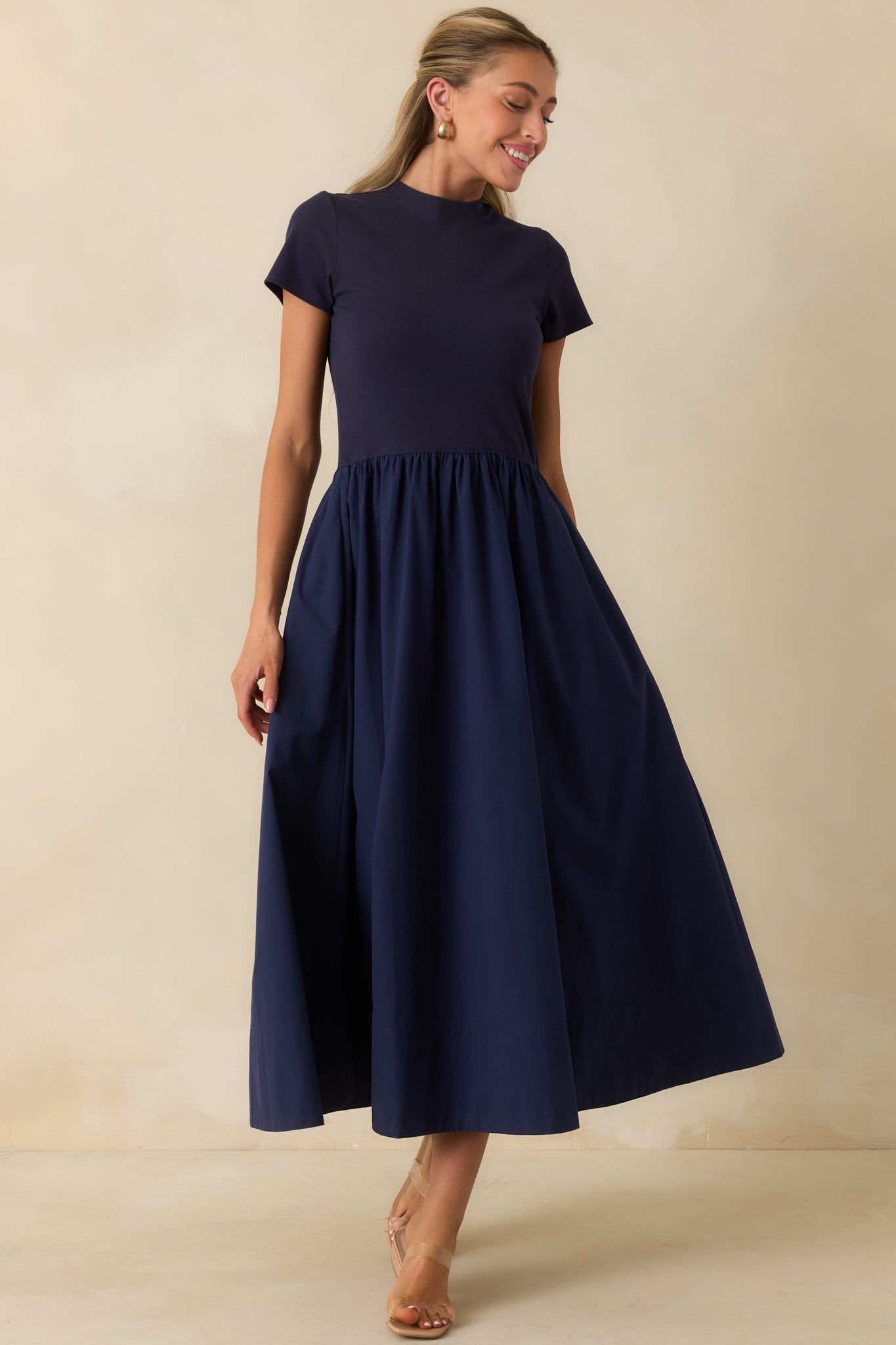 Prosperina Aria Navy Cotton Short Sleeve Midi Dress