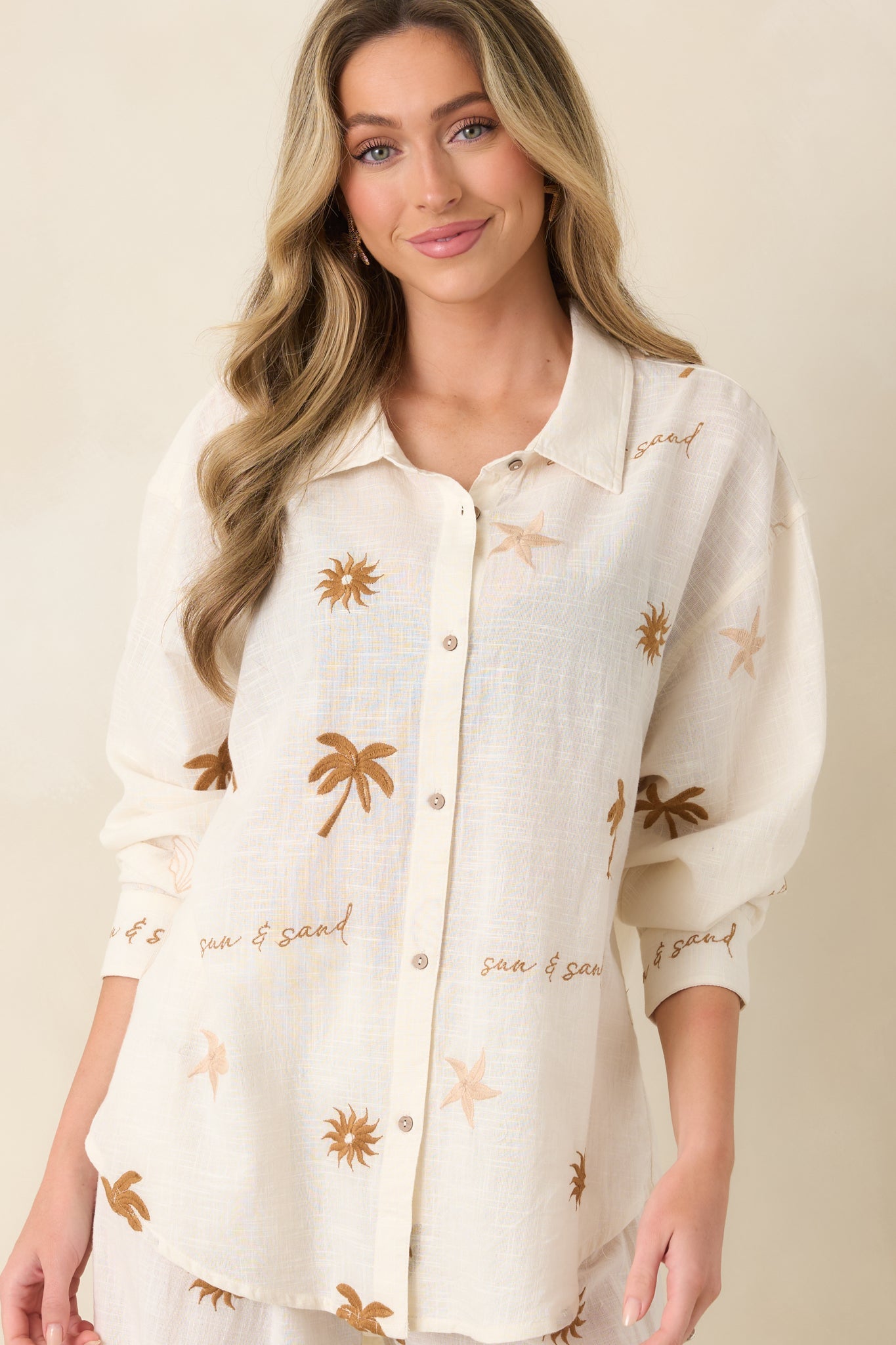 Driftwood Days Light Beige Cotton Coastal Embroidered Button Down Top