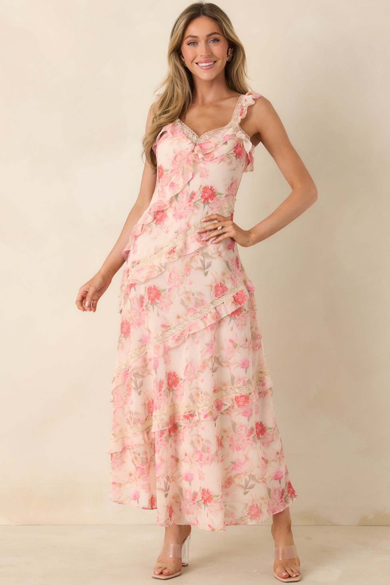 Yours Always Coral Pink Floral Lace & Ruffle Trim Midi Dress