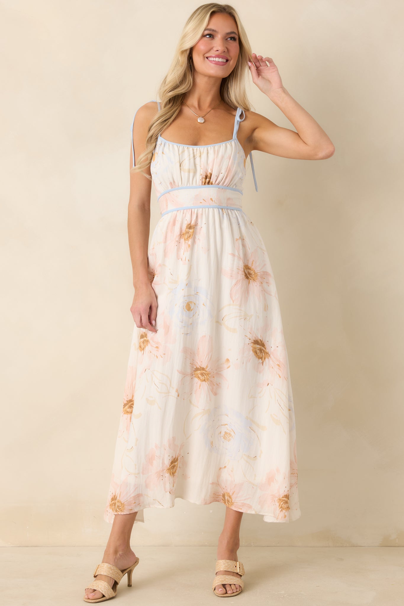 Blooming in Watercolor Ivory Multi Floral Tie Strap Midi Dress