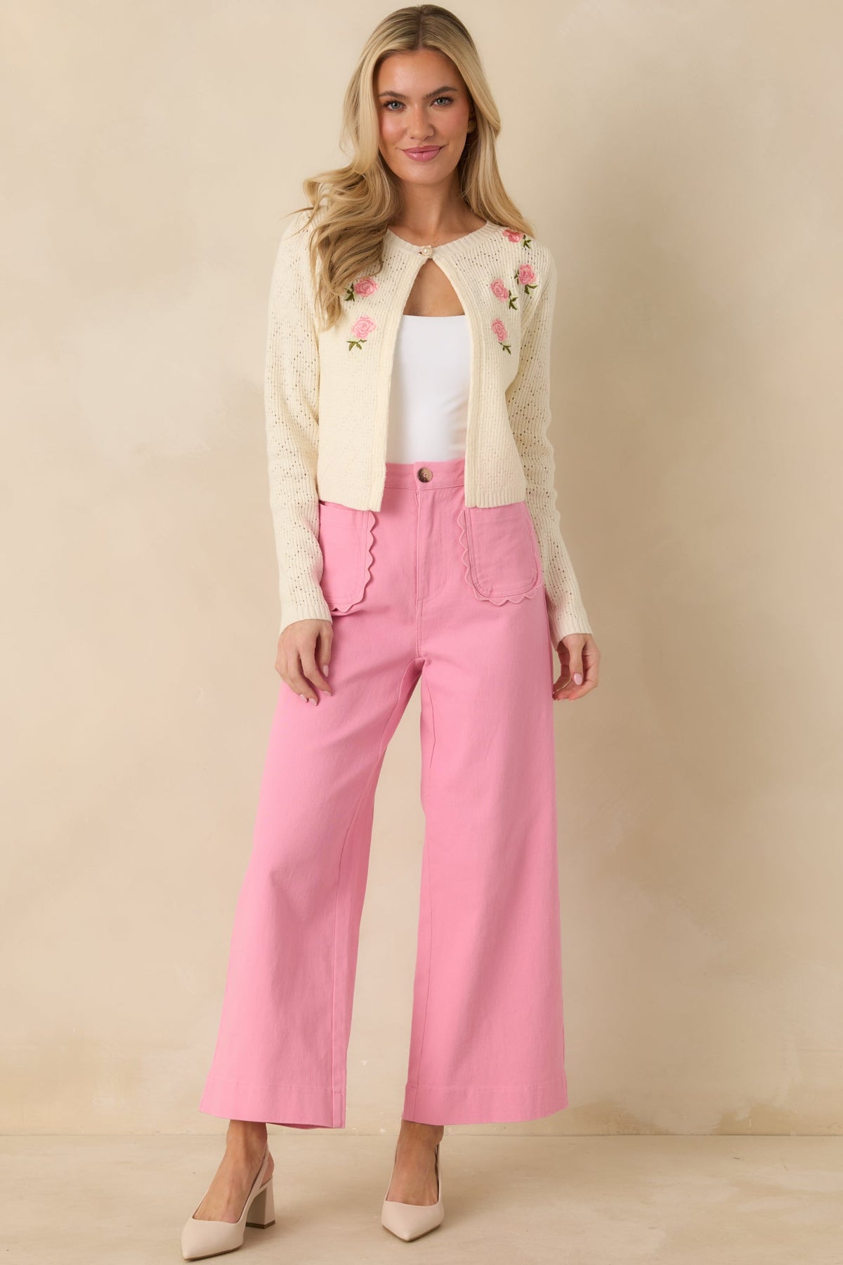 The Primrose Parlour Ivory Knit Pink Rose Embroidered Cardigan