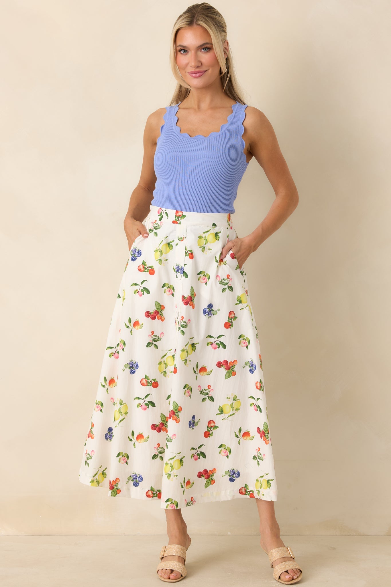 Pick of the Season White Multi Cotton Fruit Print Midi Skirt