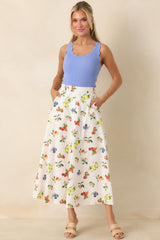 Pick of the Season White Multi Cotton Fruit Print Midi Skirt