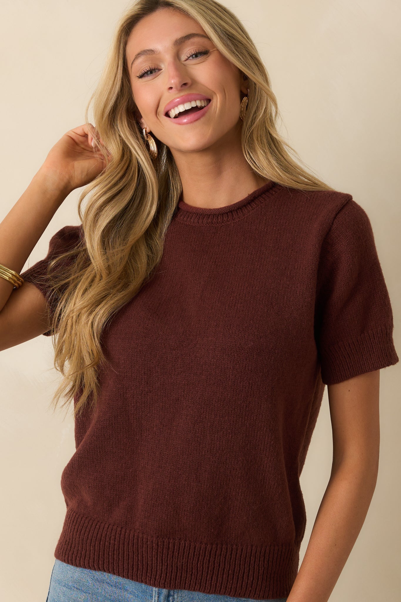 It's All About This Brown Knit Short Sleeve Sweater