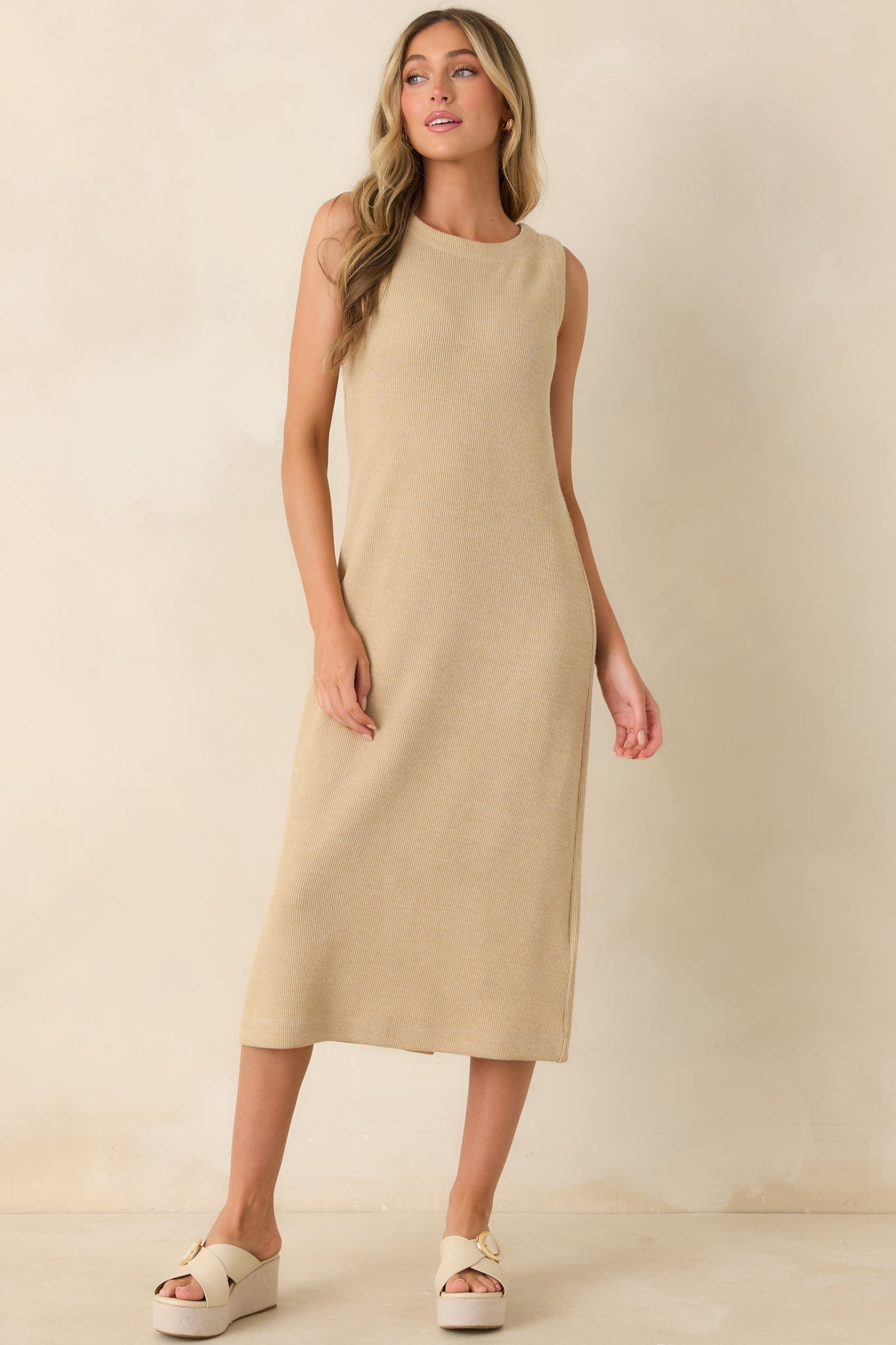 Soft Horizons Natural Rib Knit Button Back Midi Dress