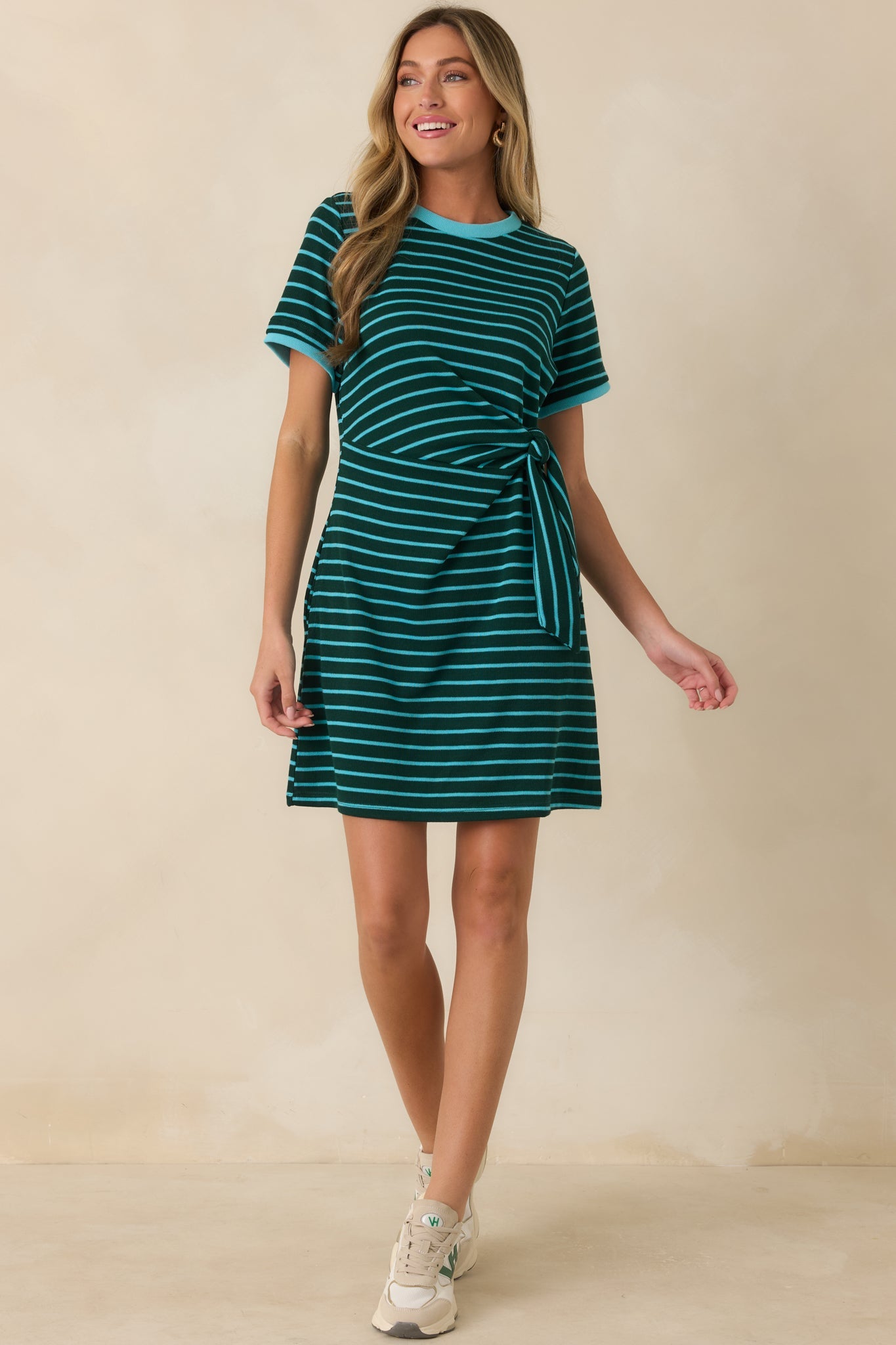 On Your Side Hunter Green & Blue Stripe Tie Mini Dress