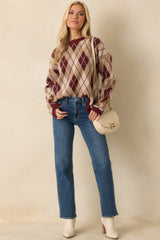 No Place Like Home Burgundy Multi Argyle Knit Sweater