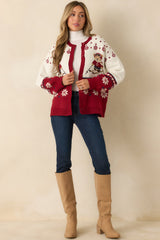 Ski Season Sweetie Ivory & Red Knit Ski Bear Cardigan Sweater