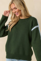 Along The Lines Moss Green Cotton Knit Crochet Trim Sweater