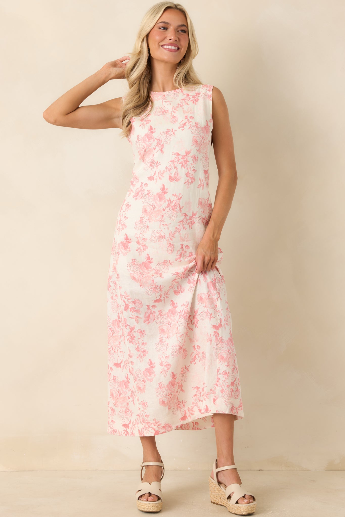 Everything I Imagined Ivory & Pink Linen Blend Floral Maxi Dress