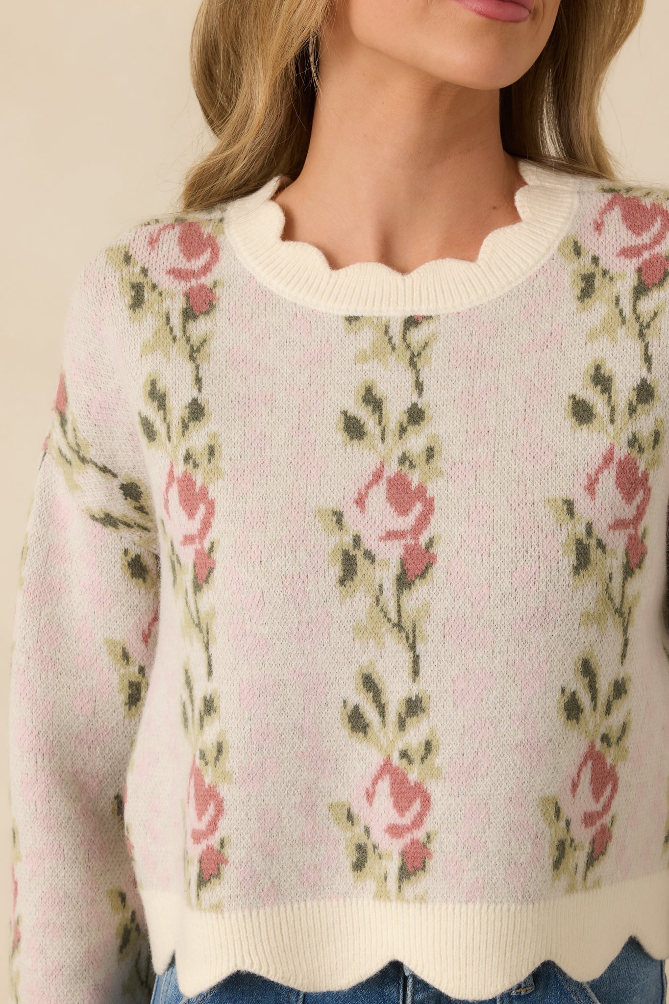 Petal Promises Pink Floral Knit Scallop Edge Sweater