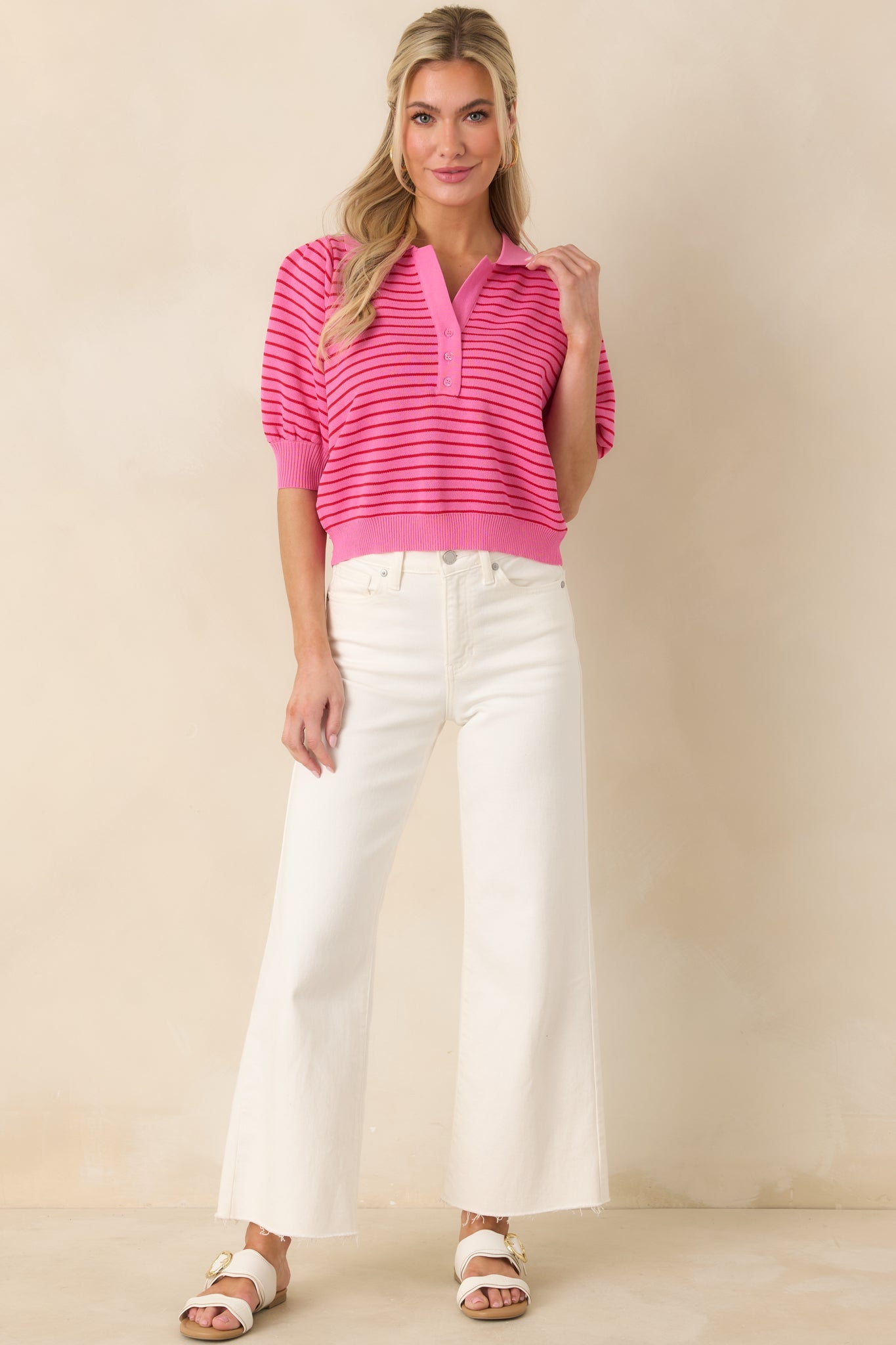 Plans After Work Pink Stripe Knit Polo Top