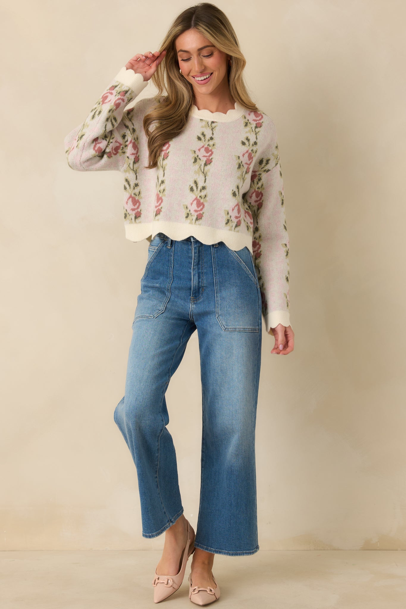 Petal Promises Pink Floral Knit Scallop Edge Sweater