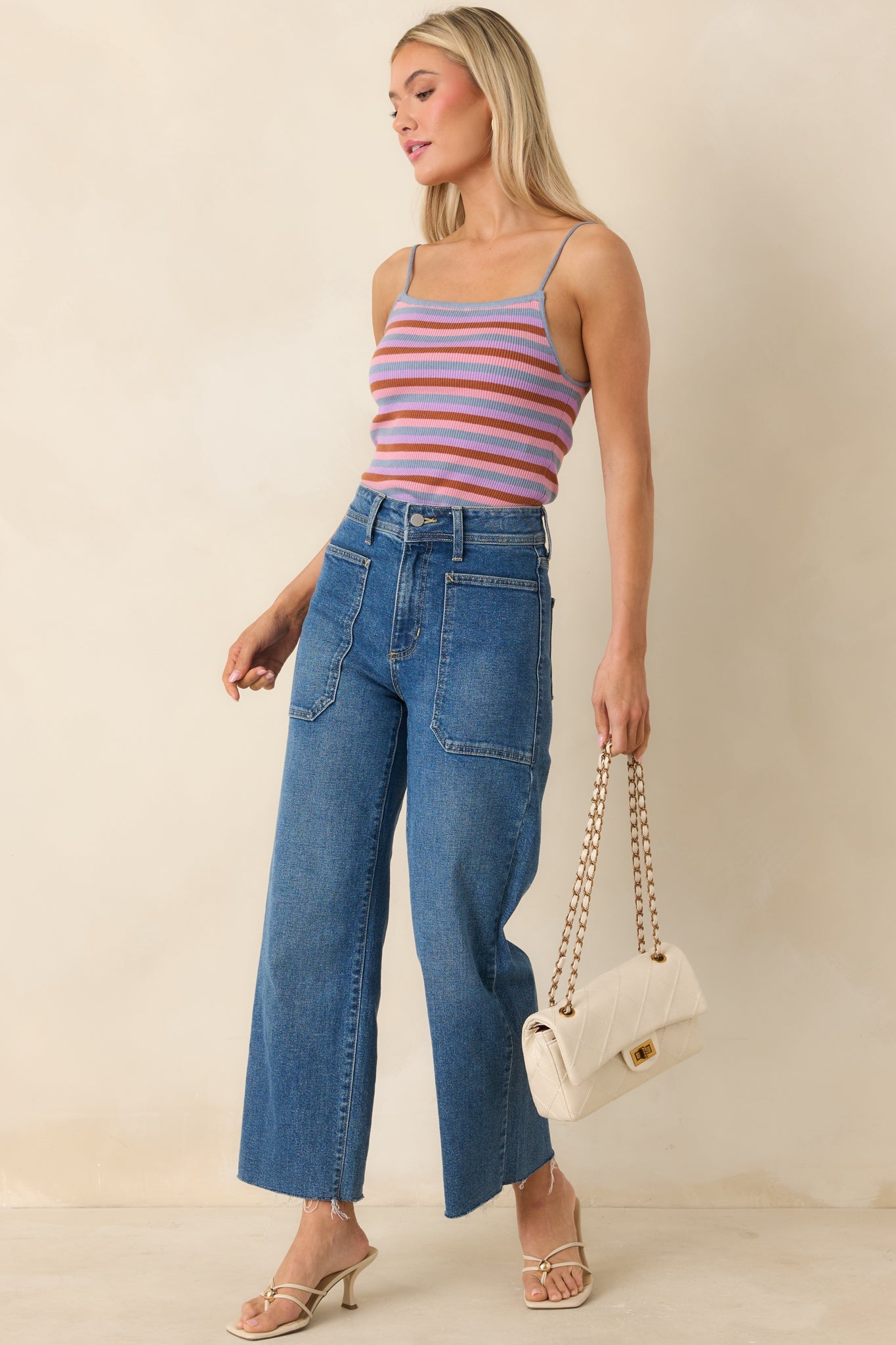 FRNCH Corallia Light Blue Multi Stripe Knit Tank Top