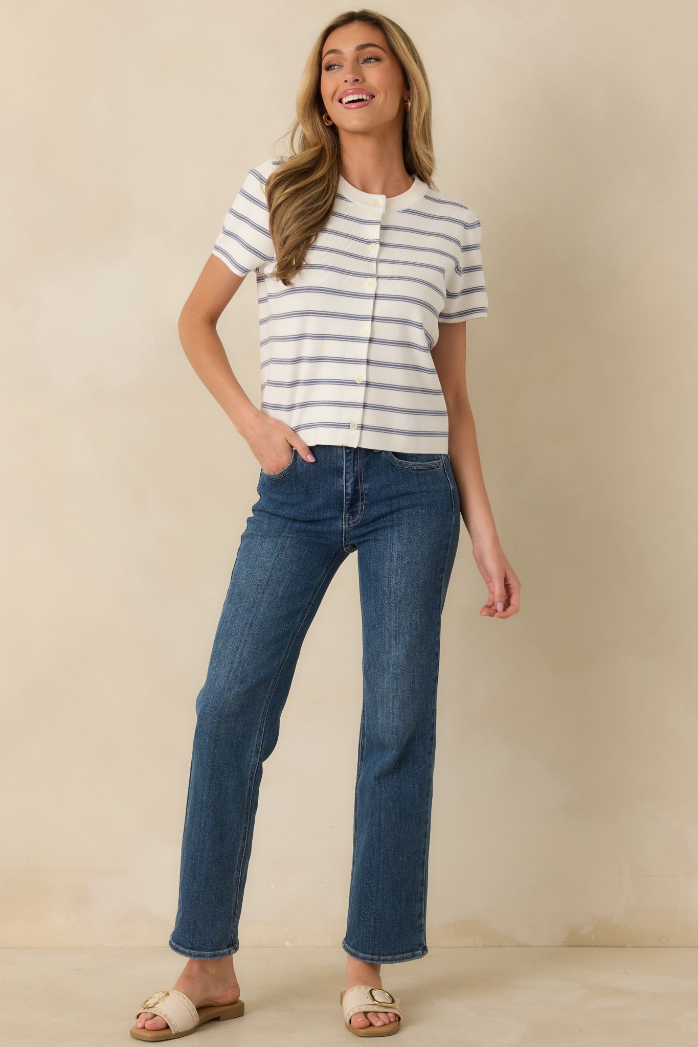 Casual Authority Navy Stripe Knit Button Front Short Sleeve Top