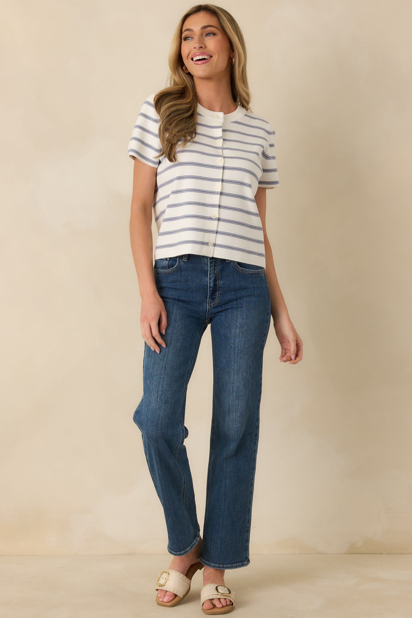 Casual Authority Navy Stripe Knit Button Front Short Sleeve Top
