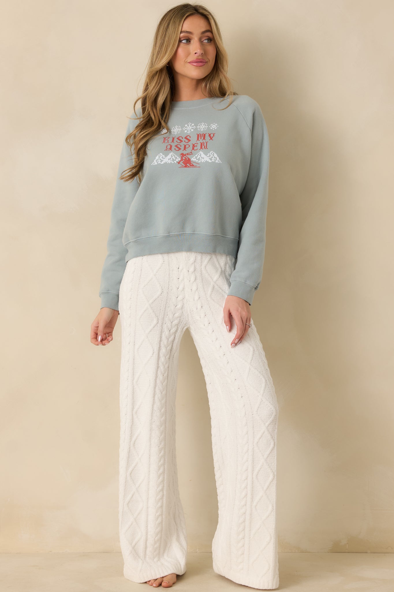 Kiss My Aspen Slate Blue Crewneck Ski Sweatshirt