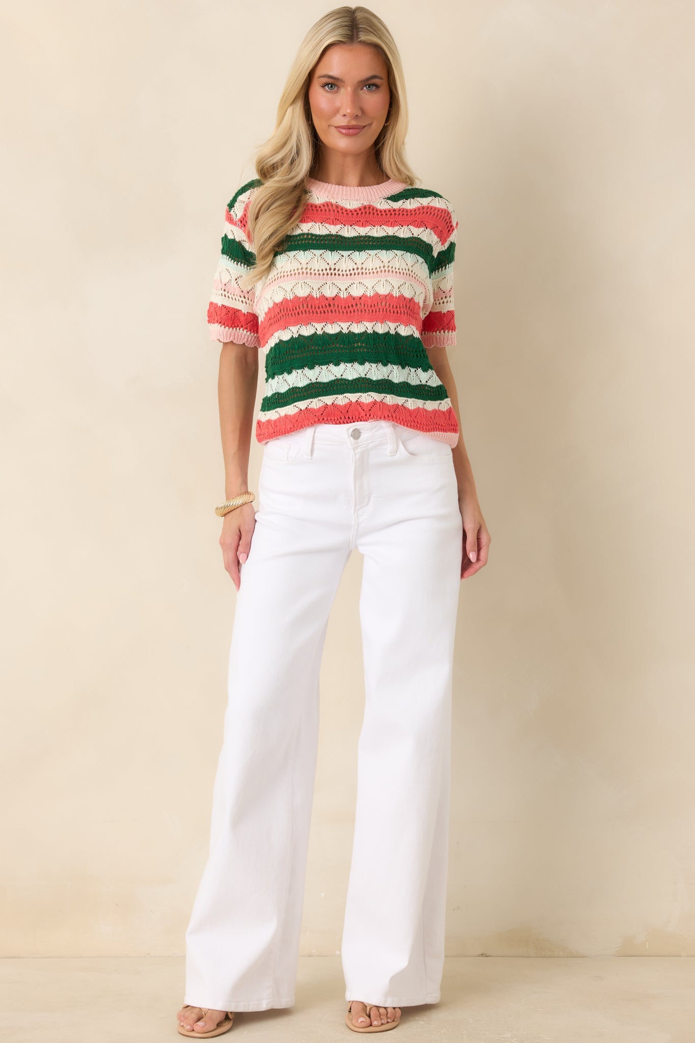 FRNCH Gelsomina Green & Coral Stripe Knit Sweater